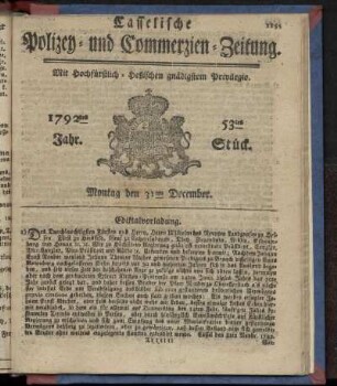 53tes Stueck, Montag den 31ten December. 1792
