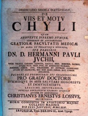 Diss. ... inaug. de viis et motu chyli