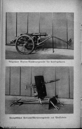 Tafel XXIV. Belgisches Maxim=Maschinengewehr für Hundegespann und Französisches Puteaux=Maschinengewehr auf Walllafette.