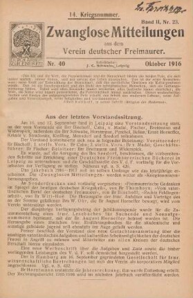 Nr. 40 Oktober 1916 14. Kriegsnummer. Band II, Nr. 23.