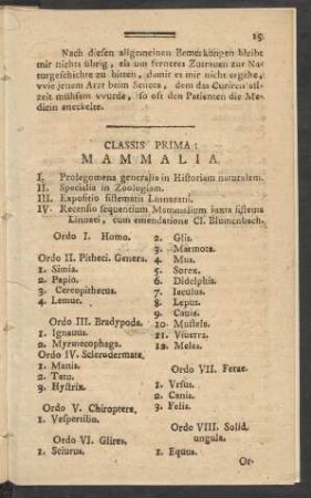 Classis prima: Mammalia