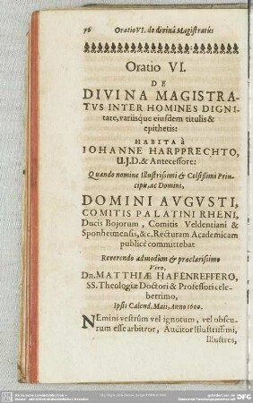 Oratio VI. De Divina Magistratus Inter Homines Dignitate, variisque eiusdem titulis & epithetis