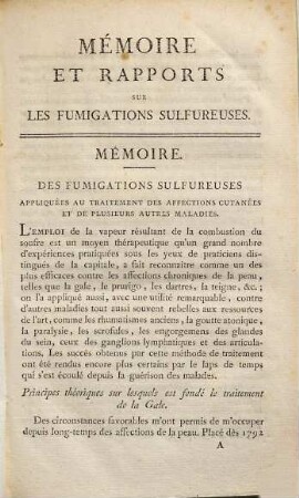 Mémoire et rapports sur les fumigations sulfureuses appliquées au traitement des affections cutanies et de plusieurs autres maladies