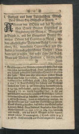 I. Auszug aus dem Lateinischen Ablaß-Brief Alberti Ertz-Bischoffs zu Mayntz