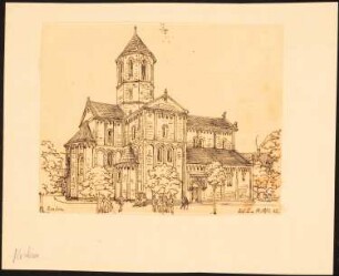 St. Peter und Paul, Rosheim: Durchzeichnung: Perspektivische Seitenansicht der romanischen Kirche, nach: Über Land und Meer, 1872, S. 42