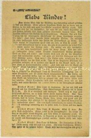 Flugblatt mit Durchhaltepropaganda für die Kinder von Frontsoldaten