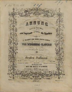 Ahnung : Lied von Fritz Elfert ; für 1 Singstimme mit Begl. d. Pianoforte ; op. 31