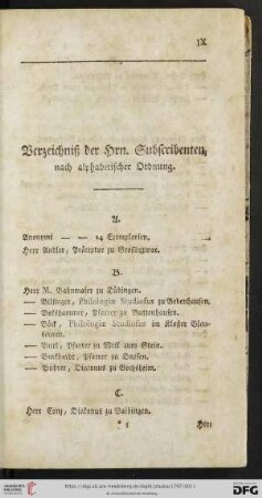 Verzeichnis der Hrn. Subscribenten