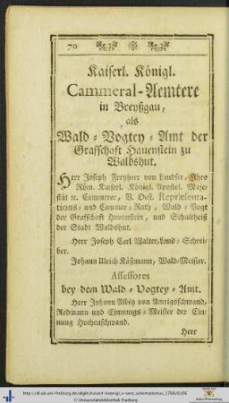 Kaiserl. Königl. Cammeral-Aemtere in Breyßgau.