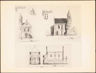 Romanische Kapelle: Grundriss, Perspektivische Ansicht, Ansicht, Seitenansicht, Querschnitt, Längsschnitt (aus: Drucke von Seminararbeiten der Königlich Technischen Hochschule Berlin, Bd. I)