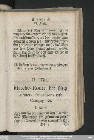 II. Titul. Marche-Route der Regimenter, Esquadrons und Compagnien.