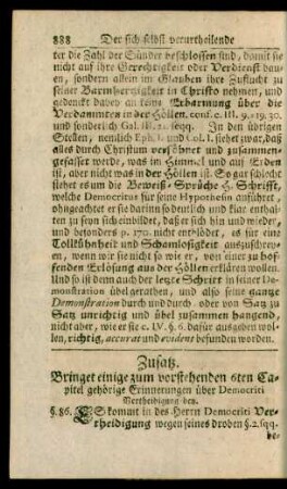 Zusatz. Bringet einige zum vorstehenden 6ten Capitel gehörige Erinnerungen über Democriti Vertheidigung bey