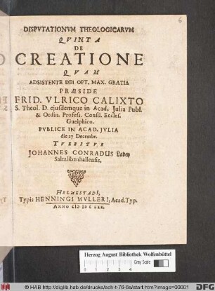 Disputationum Theologicarum Quinta De Creatione