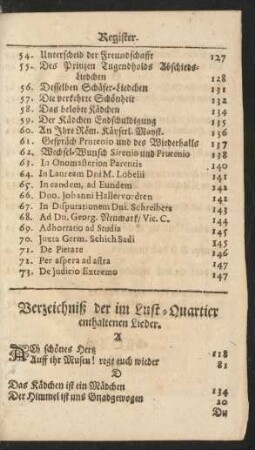 Verzeichniß der im Lust-Quartier enthaltenen Lieder.