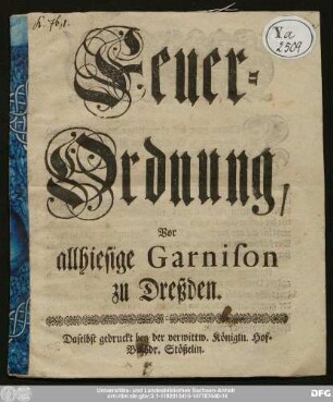 Feuer-Ordnung, Vor allhiesige Garnison zu Dreßden.