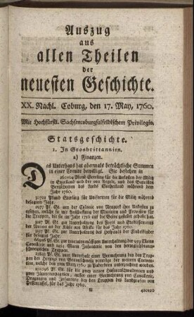 XX. Nachl. Coburg, den 17. May. 1760.