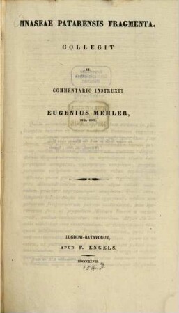 Mnaseae Patarensis fragmenta : Collegit et commentario instruxit Eugen Mehler