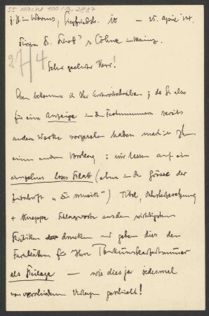 Brief an B. Schott's Söhne : 25.04.1914