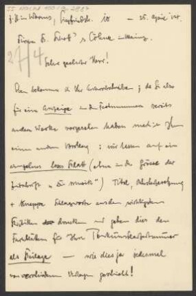 Brief an B. Schott's Söhne : 25.04.1914