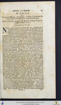 Wenga Sive Informatio Historica de Exempto Collegio S. Archang. Michaelis ad Insulas Wengenses Cann. Regg. Ulmae Suevorum.