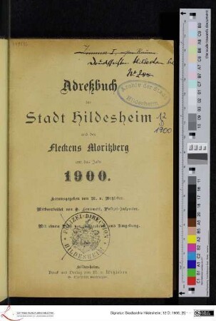 1900: [1900] Adreßbuch der Stadt Hildesheim und des Fleckens Moritzberg : auf das Jahr 1900