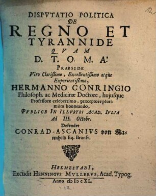 Dispvtatio Politica De Regno Et Tyrannide