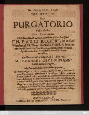 Disputatio De Purgatorio