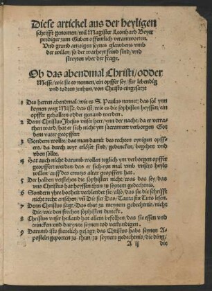 Diese artickel aus der heyligen schrifft genomen/ wil Magister Leonhard Beyer prediger zum Guben offentlich verantworten ...