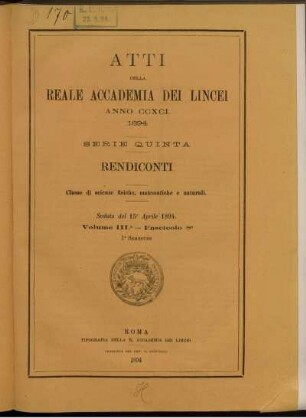 Seduta del 15 Aprile 1894. Volume III. - Fascicolo 8.