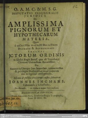 Disputatio Inauguralis Iuridica De Amplissima Pignorum Et Hypothecarum Materia