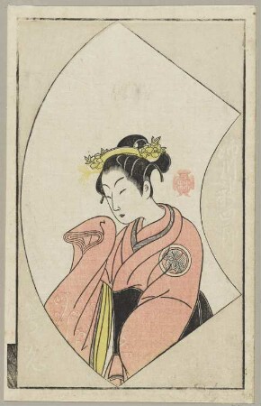 Schauspieler Anegawa Shinshirō II in einer Frauenrolle, aus: "Ehon butai ogi (Schauspielerbilder in Fächerform)"