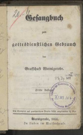 Gesangbuch zum gottesdienstlichen Gebrauch der Graffschaft Wernigerode