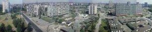 180° Panorama, Blick auf die Bauaustellung Interbau 57 vom Wohnhaus Giraffe über Hansaplatz bis Richtung Siegessäule. Berlin-Hansaviertel, Händelallee