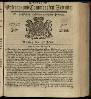 30tes Stueck, Montag den 25ten Julius 1774