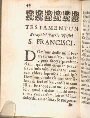 Testamentum Seraphici Patris Nostri S. Francisci.