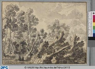 Landschaft mit Gewässer, im Vordergrund ein umgestürzter geborstener Baum
