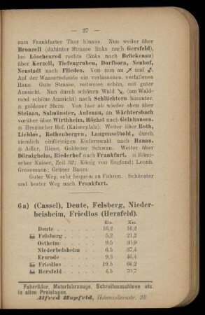 6a) (Cassel), Deute, Felsberg, Niederbeisheim, Friedlos (Hersfeld)