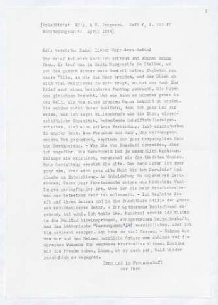 Brief von Gerhart Hauptmann an Sven Anders Hedin