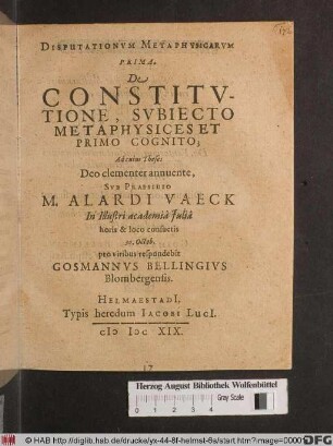 Disputationum Metaphysicarum Prima, De Constitutione, Subiecto Metaphysices Et Primo Cognito