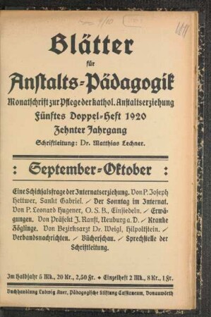 September-Oktober: Fünftes Doppelheft 1920