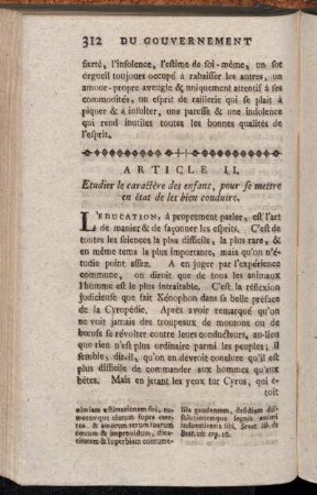 Article II. Etudier le caractère des enfans, pour se mettre en état de les bien conduire.