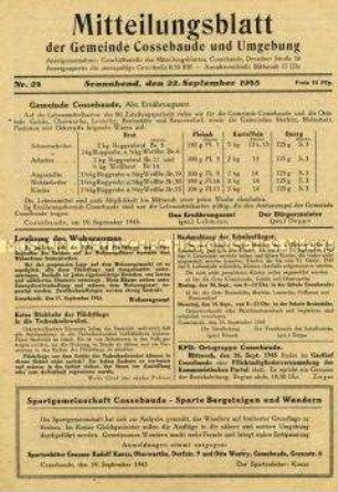 Kommunales Mitteilungsblatt u.a. zur Lebensmittelbewirtschaftung sowie mit privaten und gewerblichen Anzeigen