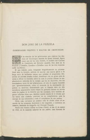Don José de la Pezuela : Gobernador Político y Militar de Cienfuegos