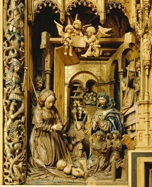 Maria Himmelfahrt (oben), Anbetung der Hirten (links) und die heiligen drei Könige (rechts). Zentral eine thronende Madonna — Anbetung der Hirten
