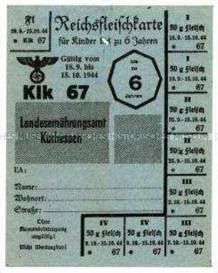 Lebensmittelmarken - Reichsfleischkarte Klk 67 für Kinder bis zu 6 Jahren