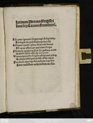 Latinum Ideoma Magistri || Laurentij Coruini Nouoforẽn ... ||