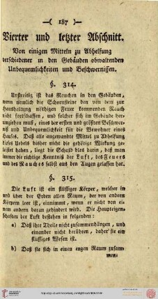 Vierter Abschnitt: Von einigen Mitteln zur Abhelfung verschiedener in den Gebäuden obwaltenden Unbequemlichkeiten und Beschwernissen