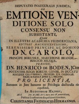 Diss. inaug. iur. de emtione venditione solo consensu non subsistente