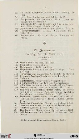 IV. Auctionstag: Freitag, den 26. März 1909 von 10 Uhr ab (Nr. 548-740)
