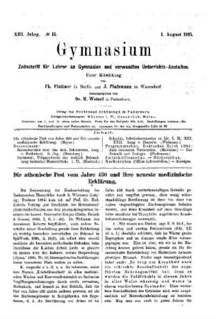 Die athenische Pest vom Jahre 430 und ihre neueste medizinische Erklärung
